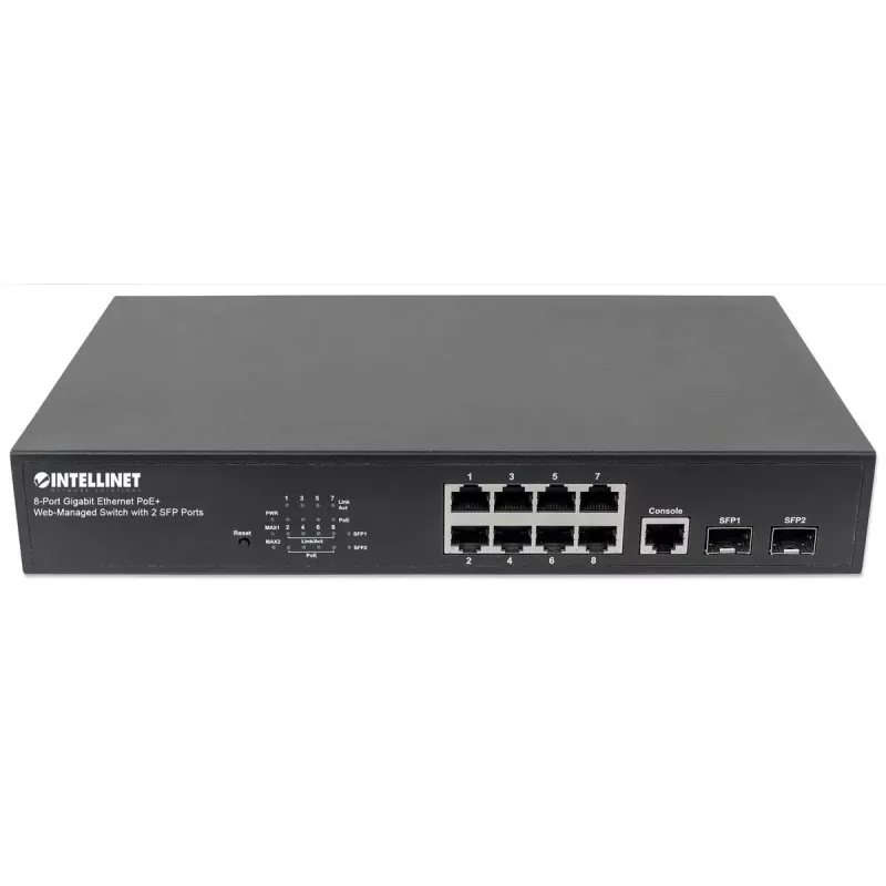 Valdomas jungiklis Intellinet 8 prievadų Gigabit Ethernet PoE+ su 2 SFP prievadais