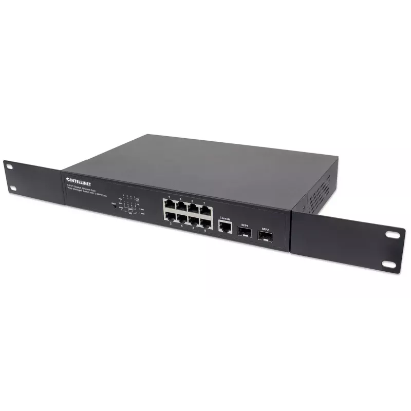 Valdomas jungiklis Intellinet 8 prievadų Gigabit Ethernet PoE+ su 2 SFP prievadais