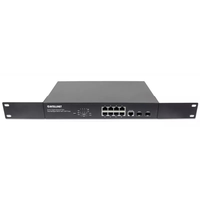 Valdomas jungiklis Intellinet 8 prievadų Gigabit Ethernet PoE+ su 2 SFP prievadais