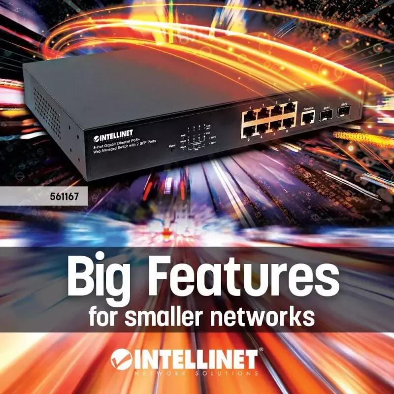 Valdomas jungiklis Intellinet 8 prievadų Gigabit Ethernet PoE+ su 2 SFP prievadais