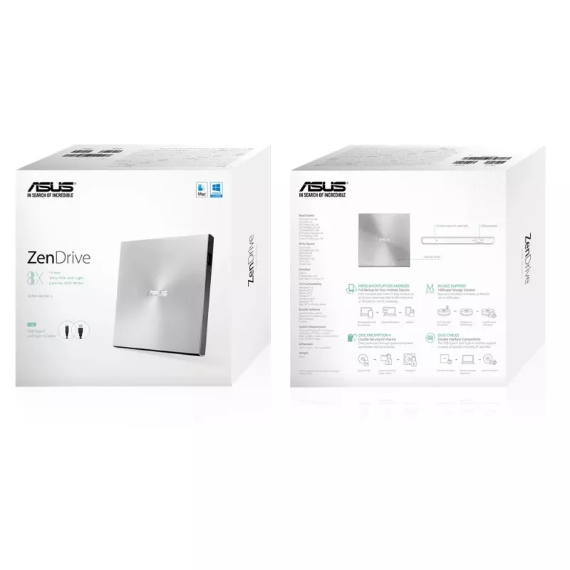 ASUS ZenDrive U9M išorinis DVD±RW optinis diskų įrenginys, sidabrinis