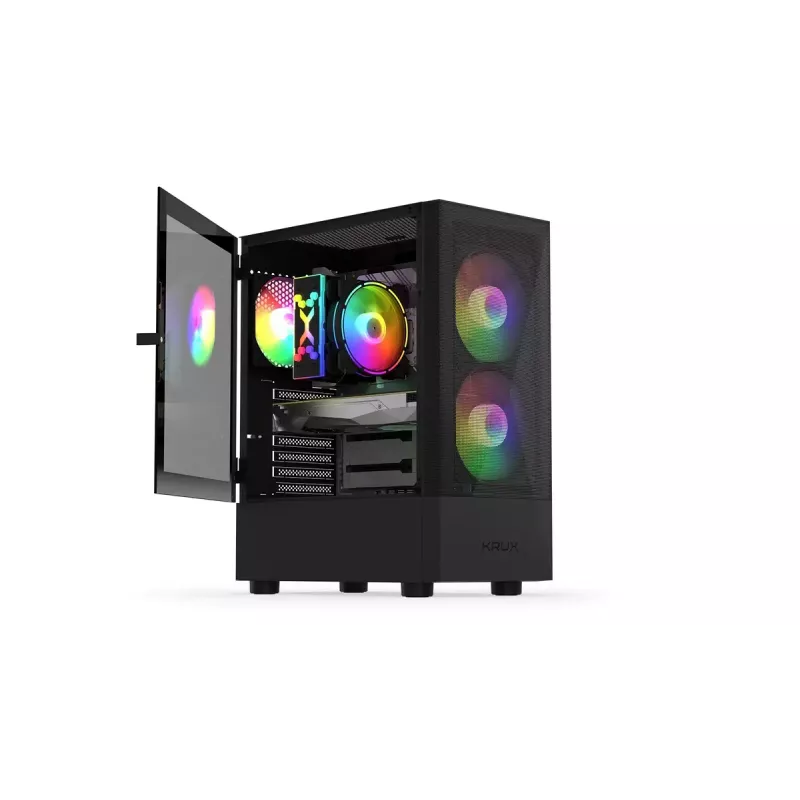 Kompiuterio korpusas KRUX VAKO KRX0132 ATX juodas — grūdintas stiklas, RGB, tinka Mini‑ATX, GPU iki 31 cm, CPU aušintuvas iki 15,9 cm