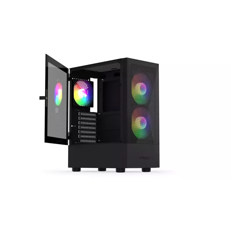 Kompiuterio korpusas KRUX VAKO KRX0132 ATX juodas — grūdintas stiklas, RGB, tinka Mini‑ATX, GPU iki 31 cm, CPU aušintuvas iki 15,9 cm