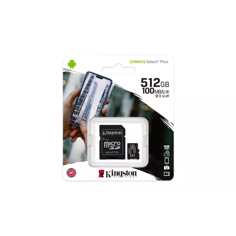 Kingston Technology Canvas Select Plus 512GB microSDXC A1 C10 U3 V30 kortelė su adapteriu