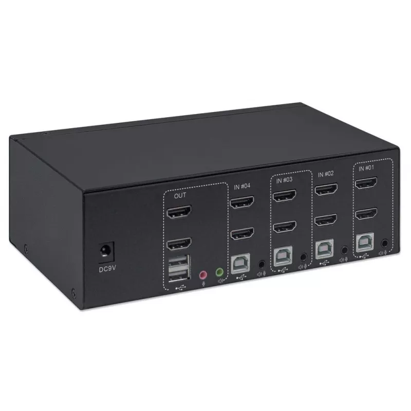 KVM jungiklis Manhattan 4 prievadų 4K@30Hz USB-A Audio Mic