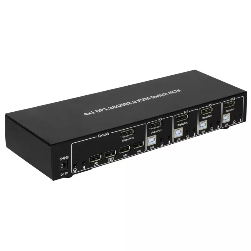 Techly IDATA-DP-KVM4 KVM jungiklis, 4x DisplayPort, 4K@30Hz, montuojamas į stelažą, juodas