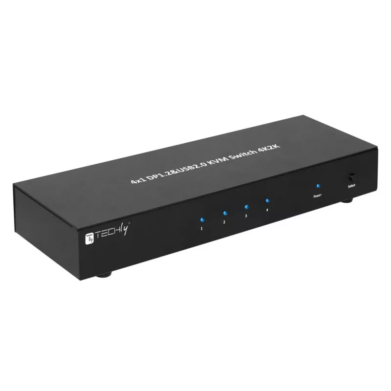 Techly IDATA-DP-KVM4 KVM jungiklis, 4x DisplayPort, 4K@30Hz, montuojamas į stelažą, juodas