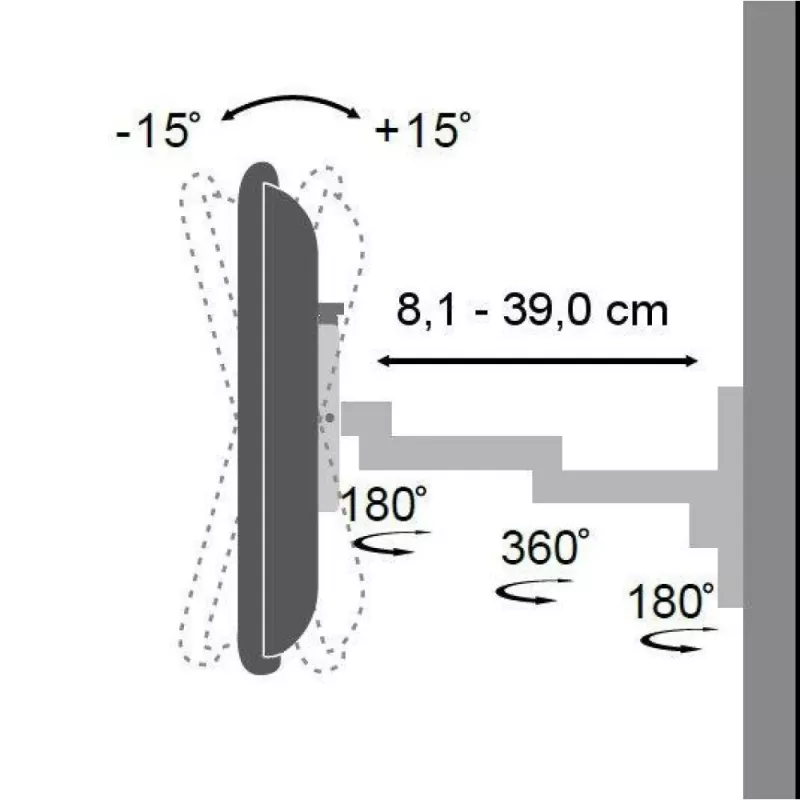 Techly ICA-LCD 104 sieninis laikiklis 13–30 colių LCD, 3 sąnariai, pasukamas ir pakreipiamas, iki 15 kg, VESA 75x75/100x100, sidabrinis