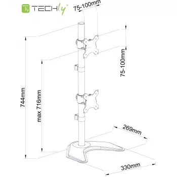 Dviejų monitorių laikiklis Techly ICA-LCD 2520V ant stalo, iki 27 colių, juodas