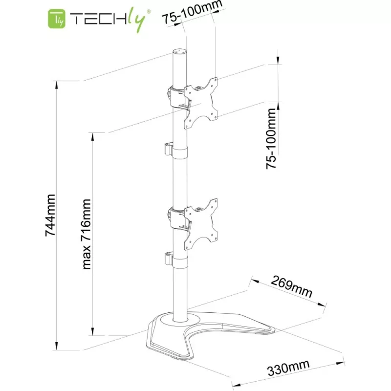 Dviejų monitorių laikiklis Techly ICA-LCD 2520V ant stalo, iki 27 colių, juodas