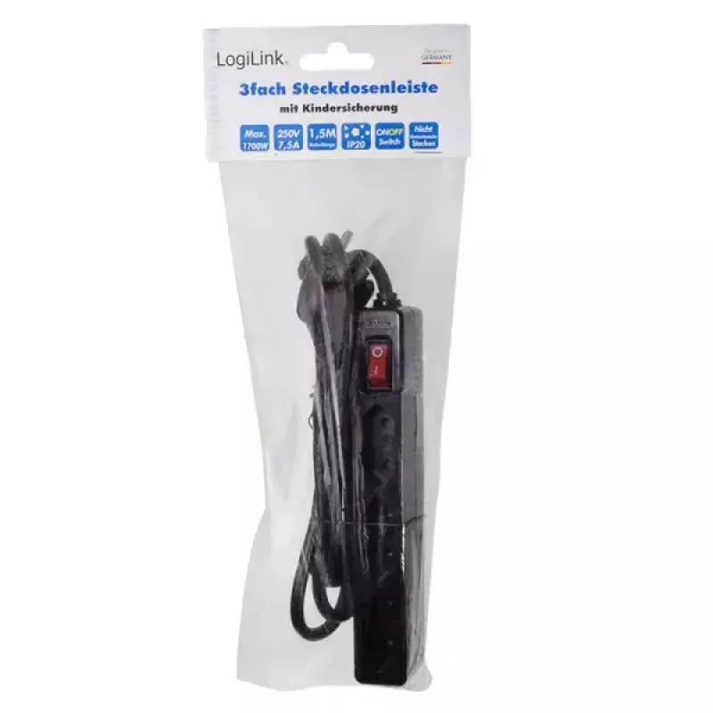 Prailginimo laidas LogiLink LPS230B 1,5 m 3 AC lizdai juodas