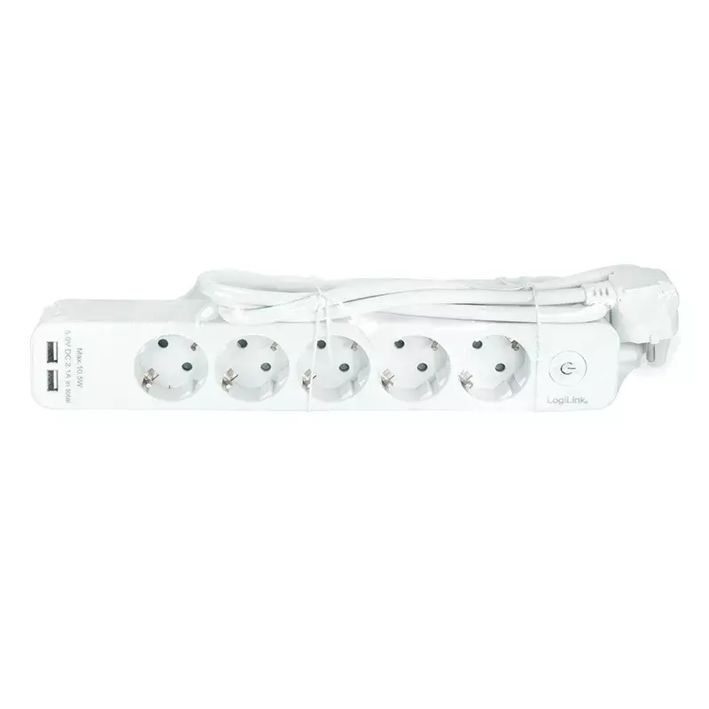 Prailginimo laidas LogiLink LPS249U 1,5 m 5 AC lizdai 2 USB patalpoms balta