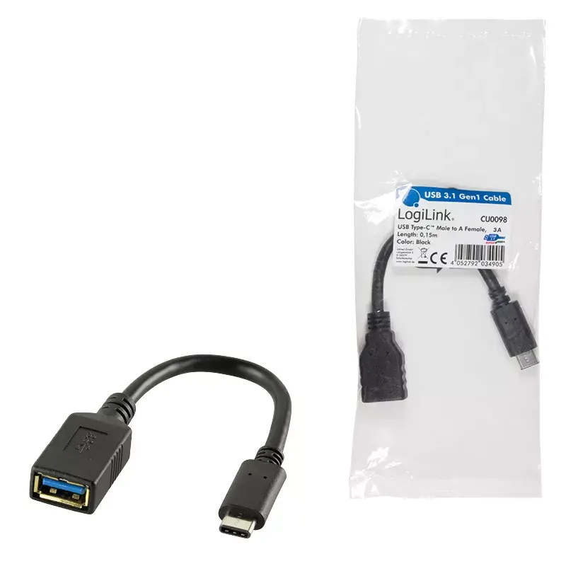USB kabelis LogiLink USB C - USB A 0,15 m CU0098 Juodas