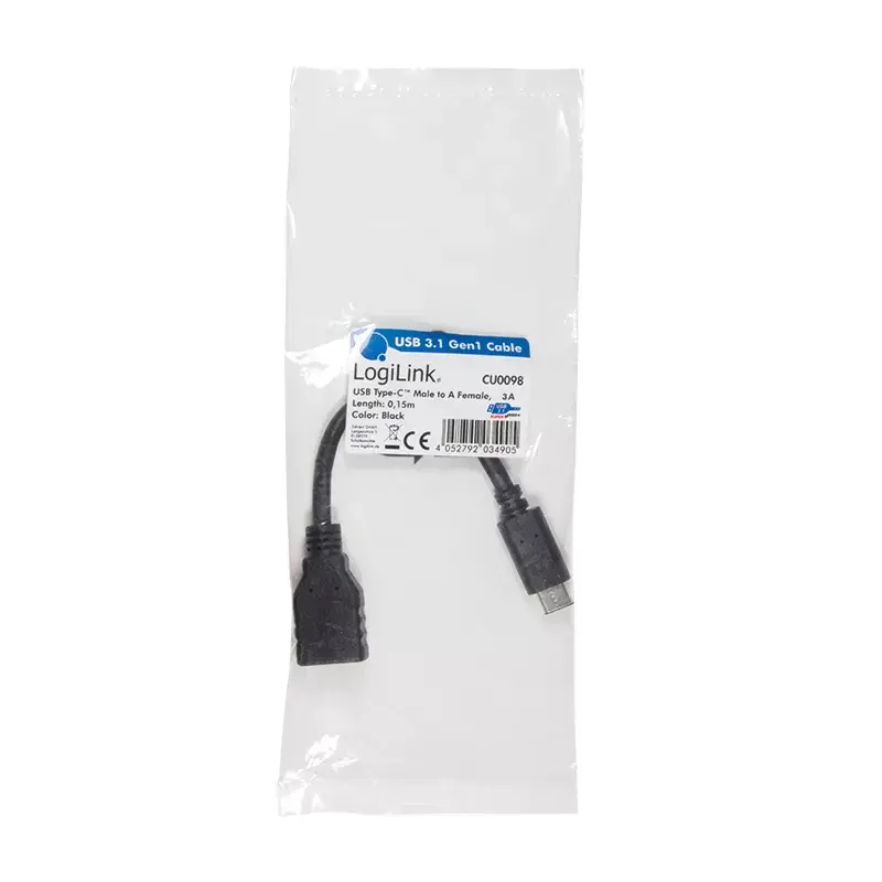 USB kabelis LogiLink USB C - USB A 0,15 m CU0098 Juodas