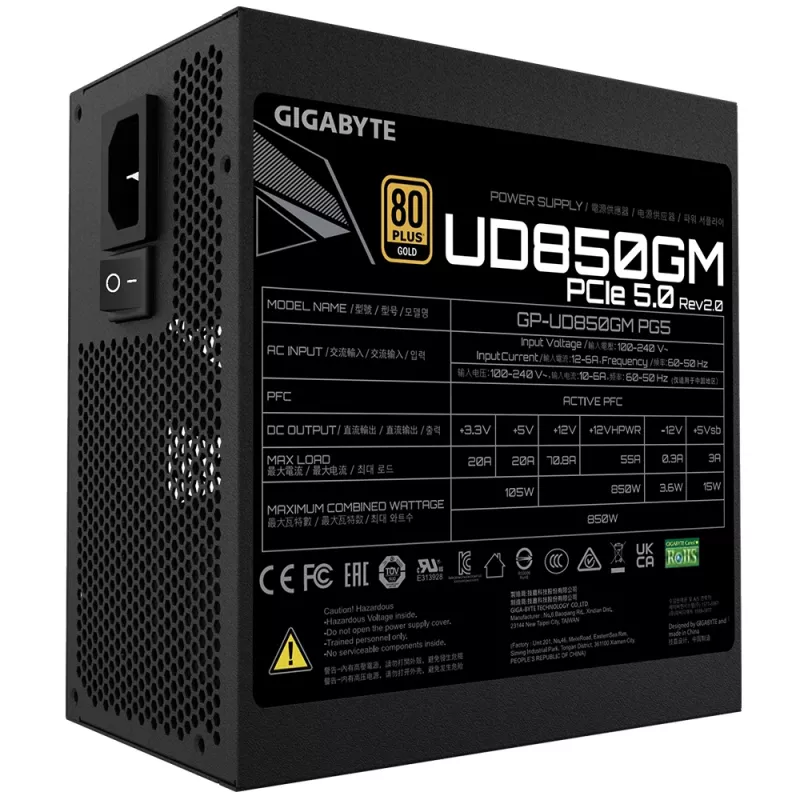 GIGABYTE UD850GM PG5 V2 maitinimo blokas – PCIe Gen 5.1, 80 PLUS Gold, pilnai modulinis, 120 mm ventiliatorius, ATX 3.1 suderinamas, EU kištukas