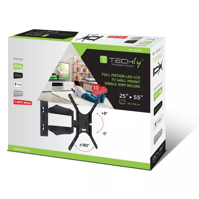 Techly ICA-PLB 271M televizoriaus tvirtinimas prie sienos 25-52 colių, sukamas ir pakreipiamas, plonas, 40 kg, juodas
