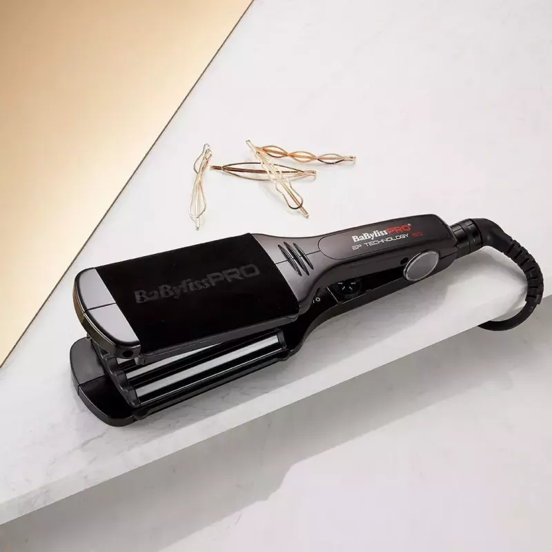 Plaukų gofravimo žnyplės BABYLISS BAB2512EPCE su keraminėmis-turmalininėmis plokštelėmis, 5 temperatūros lygiai, 200°C, sukamas 2,7 m laidas, 0,89 kg, šiltai juoda rožinė