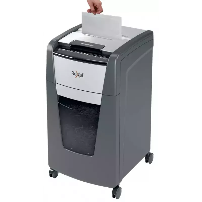 Rexel Optimum Auto+ 300M automatinis mikrokapotuvas, P-5, 300 lapų, 60 l, 55 dB, juoda/pilka