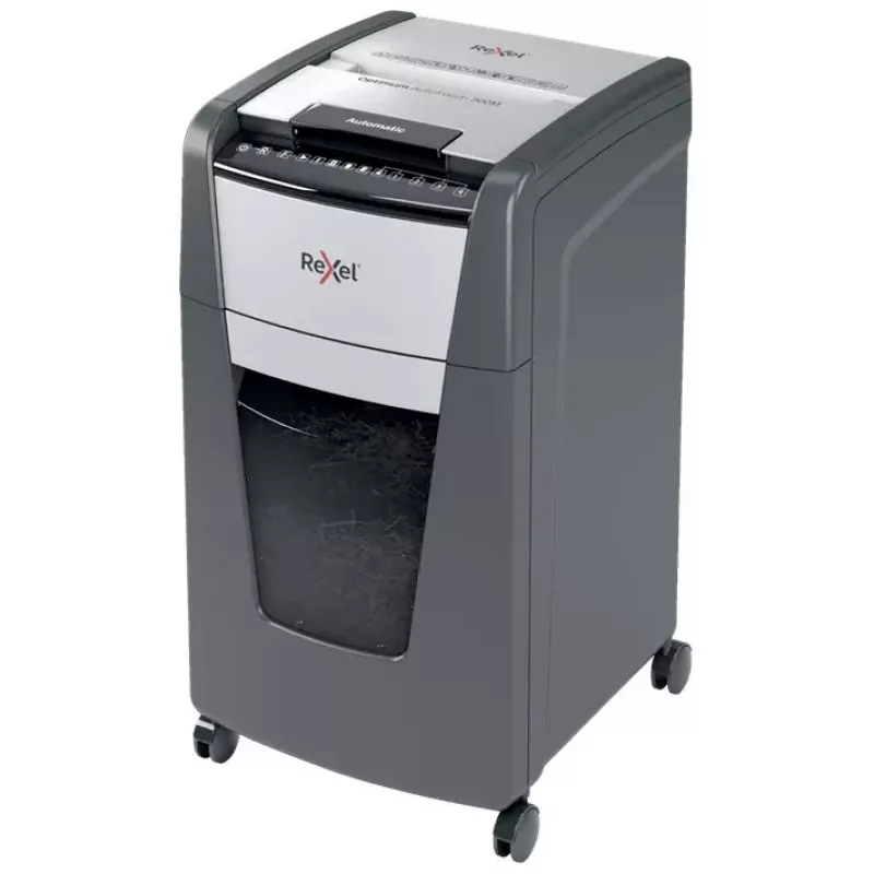 Rexel Optimum Auto+ 300M automatinis mikrokapotuvas, P-5, 300 lapų, 60 l, 55 dB, juoda/pilka