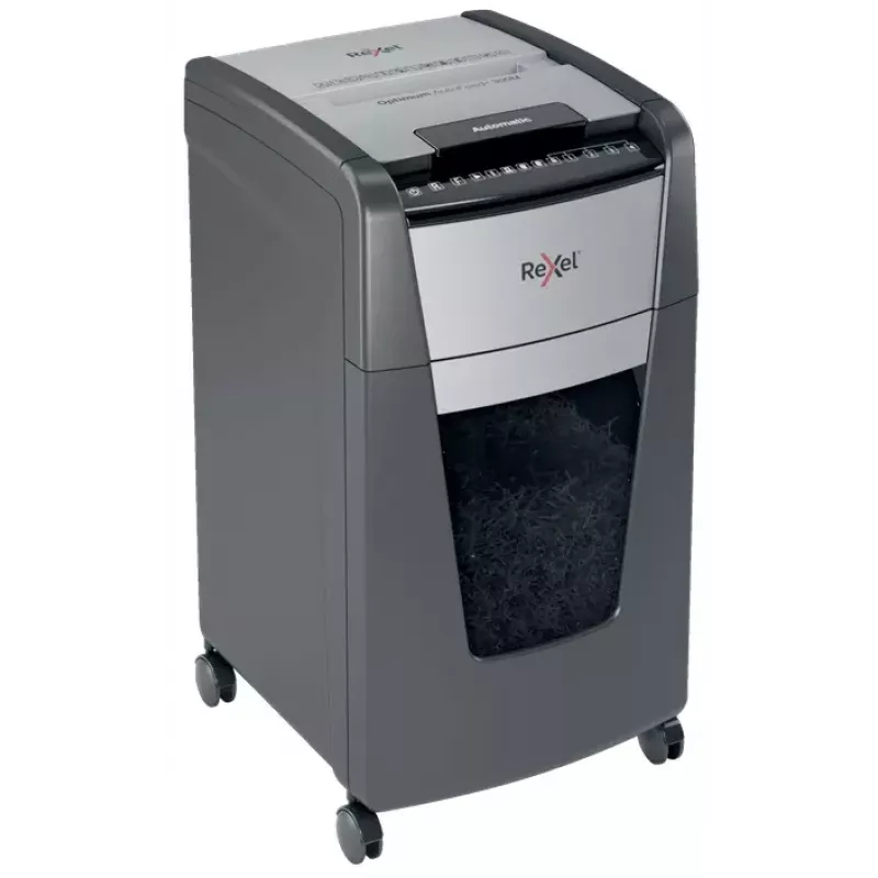 Rexel Optimum Auto+ 300M automatinis mikrokapotuvas, P-5, 300 lapų, 60 l, 55 dB, juoda/pilka
