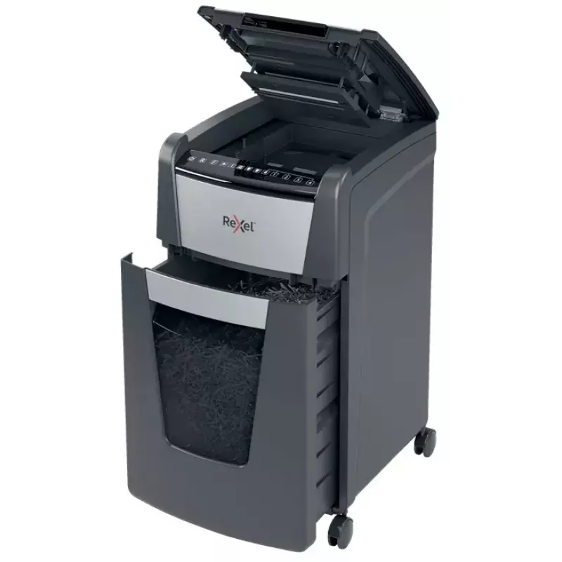 Rexel Optimum Auto+ 300M automatinis mikrokapotuvas, P-5, 300 lapų, 60 l, 55 dB, juoda/pilka