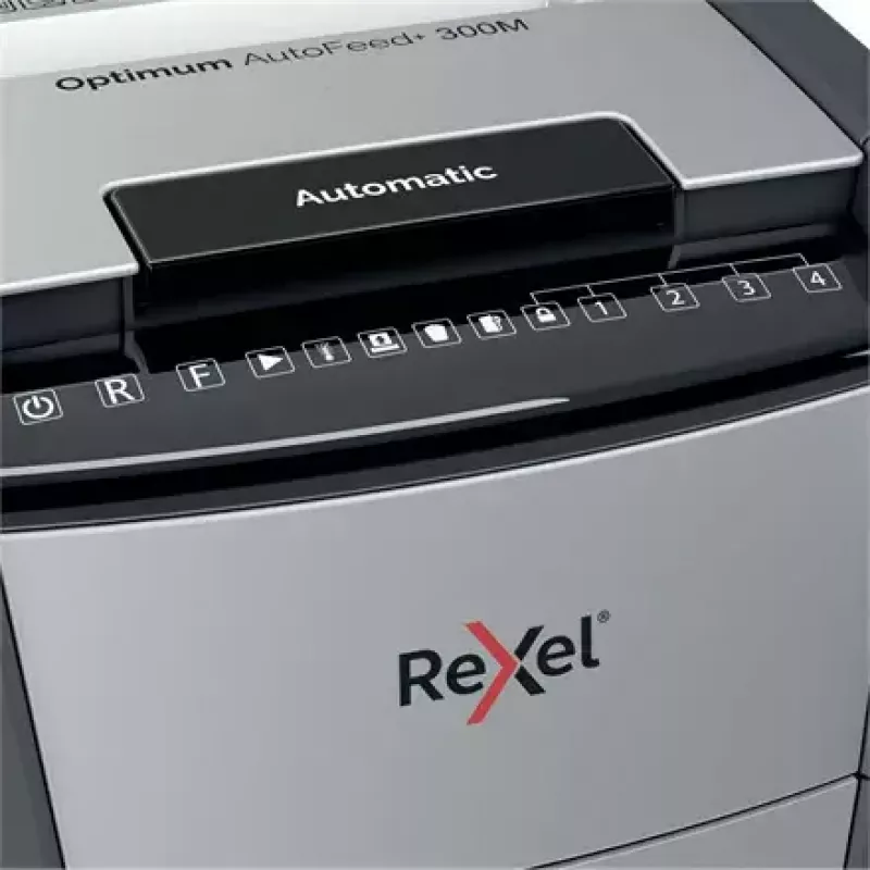 Rexel Optimum Auto+ 300M automatinis mikrokapotuvas, P-5, 300 lapų, 60 l, 55 dB, juoda/pilka