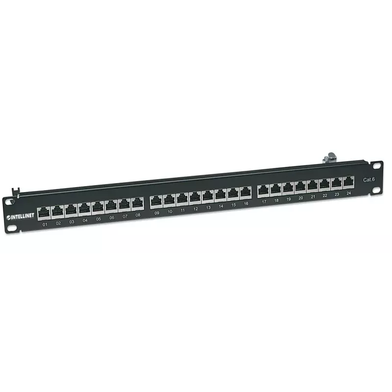Intellinet Patch Panel, Cat6, FTP, 24 prievadų, 1U, ekranuotas, 90° viršutiniai punch-down blokai, juodas