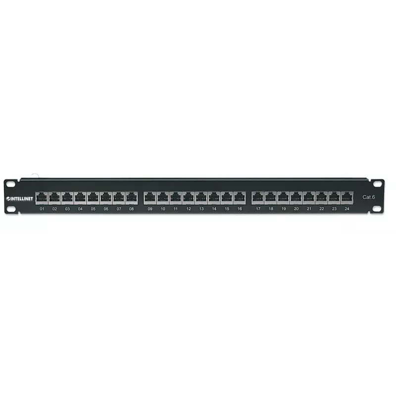 Intellinet Patch Panel, Cat6, FTP, 24 prievadų, 1U, ekranuotas, 90° viršutiniai punch-down blokai, juodas