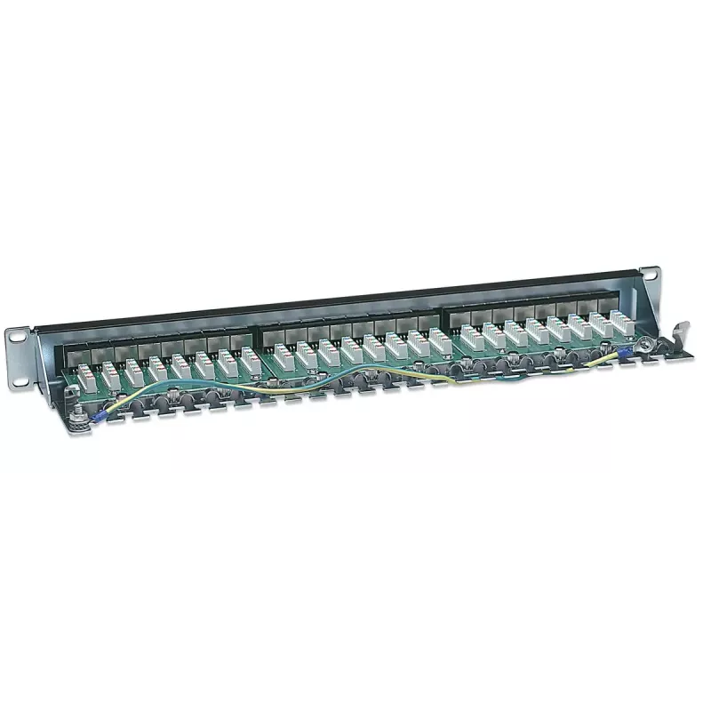 Intellinet Patch Panel, Cat6, FTP, 24 prievadų, 1U, ekranuotas, 90° viršutiniai punch-down blokai, juodas
