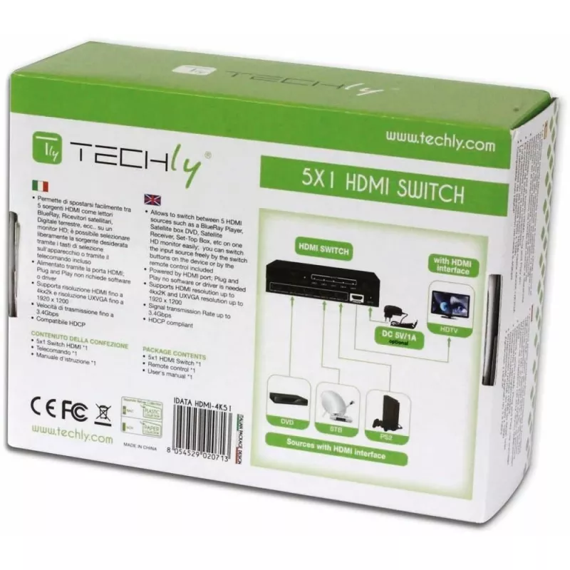 Techly 5 IN 1 OUT HDMI jungiklis su nuotolinio valdymo pultu, 4Kx2K, 3D IDATA HDMI-4K51