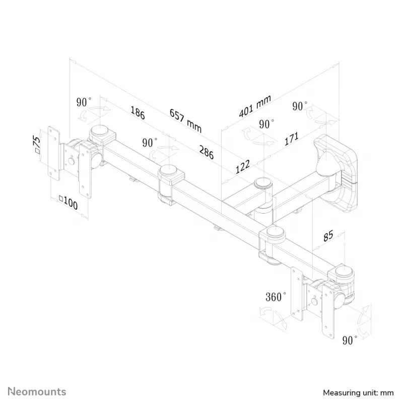 Neomounts FPMA-W960D Dvigubas monitoriaus/TV laikiklis sieninis 10-27 col. - pilnas judesys