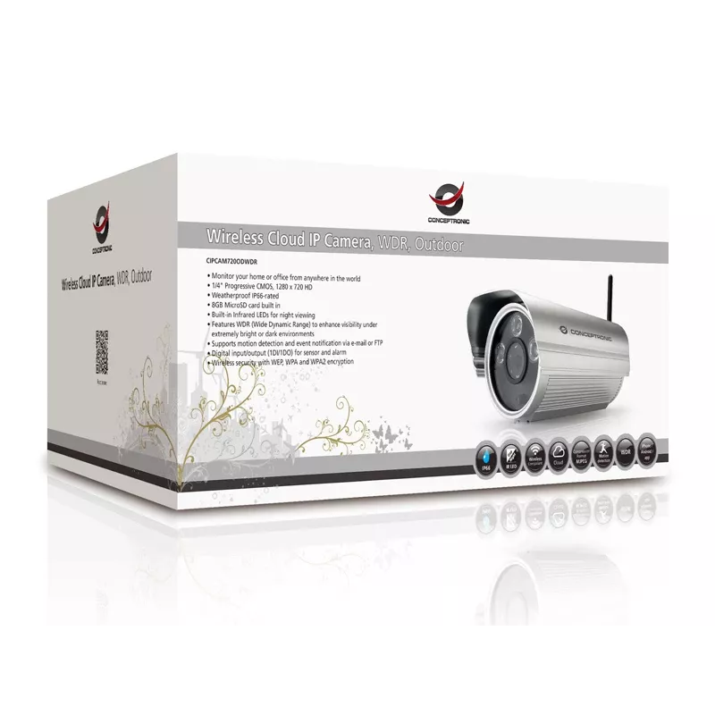 Conceptronic CIPCAM720ODWDR belaidė IP kamera su debesies funkcija, lauko, cilindrinė, 720p HD, WDR, IP66, IR iki 50 m, 8 GB microSD