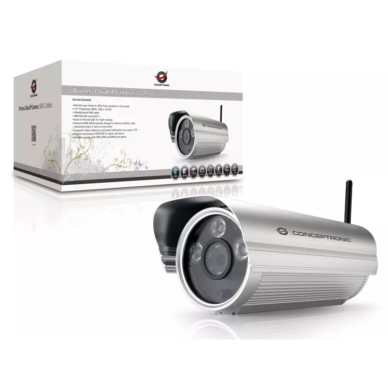 Conceptronic CIPCAM720ODWDR belaidė IP kamera su debesies funkcija, lauko, cilindrinė, 720p HD, WDR, IP66, IR iki 50 m, 8 GB microSD