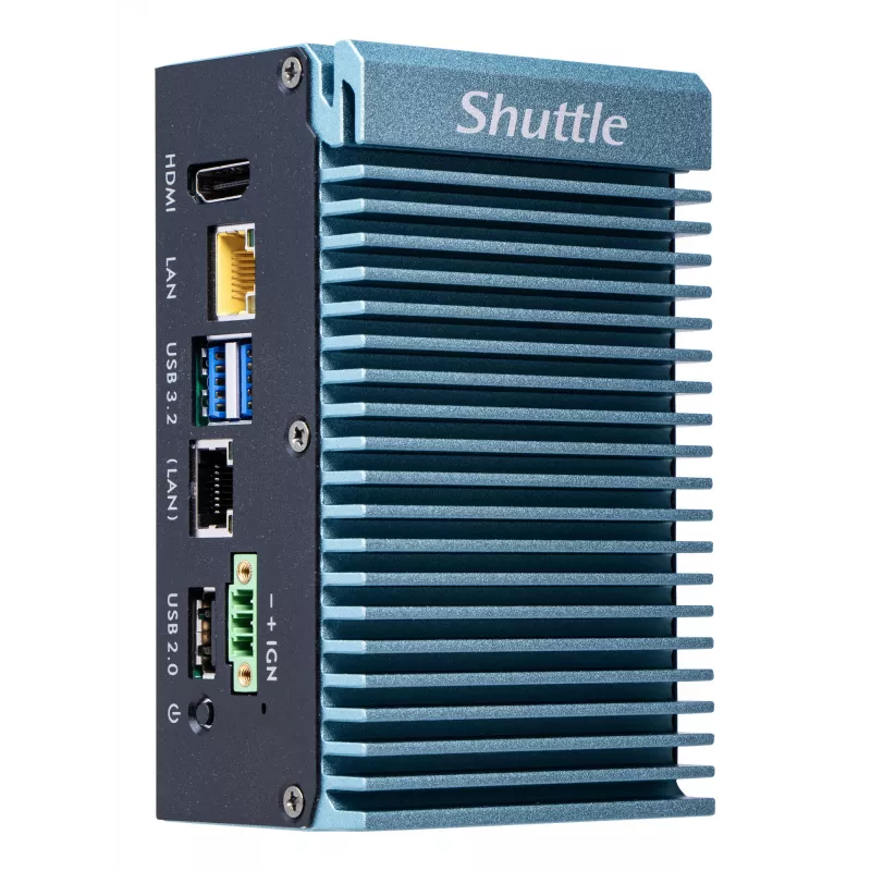Shuttle Edge PC SPCEL02, Intel Celeron J6412, 1x HDMI, 2x 2.5G LAN, 1x COM, DIO (4x įėjimai, 4x išėjimai), 3x USB, 2x M.2, 12-24V, 24/7 nuolatinis darbas, be ventiliatoriaus, komplekte VESA ir DIN-RAIL laikikliai
