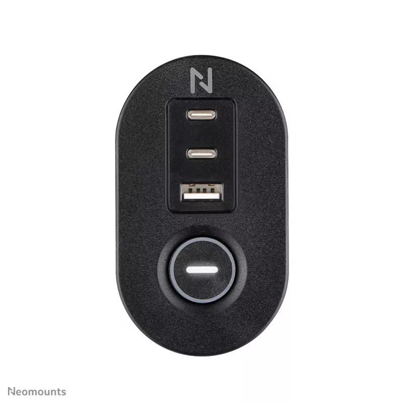 Neomounts DS22-840BL6 VOLT stalinis lizdas su spaustuku, USB-C ir USB-A prievadais - greitas įkrovimas
