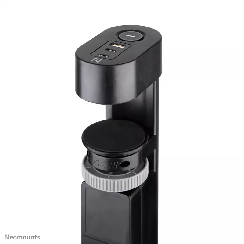 Neomounts DS22-840BL6 VOLT stalinis lizdas su spaustuku, USB-C ir USB-A prievadais - greitas įkrovimas
