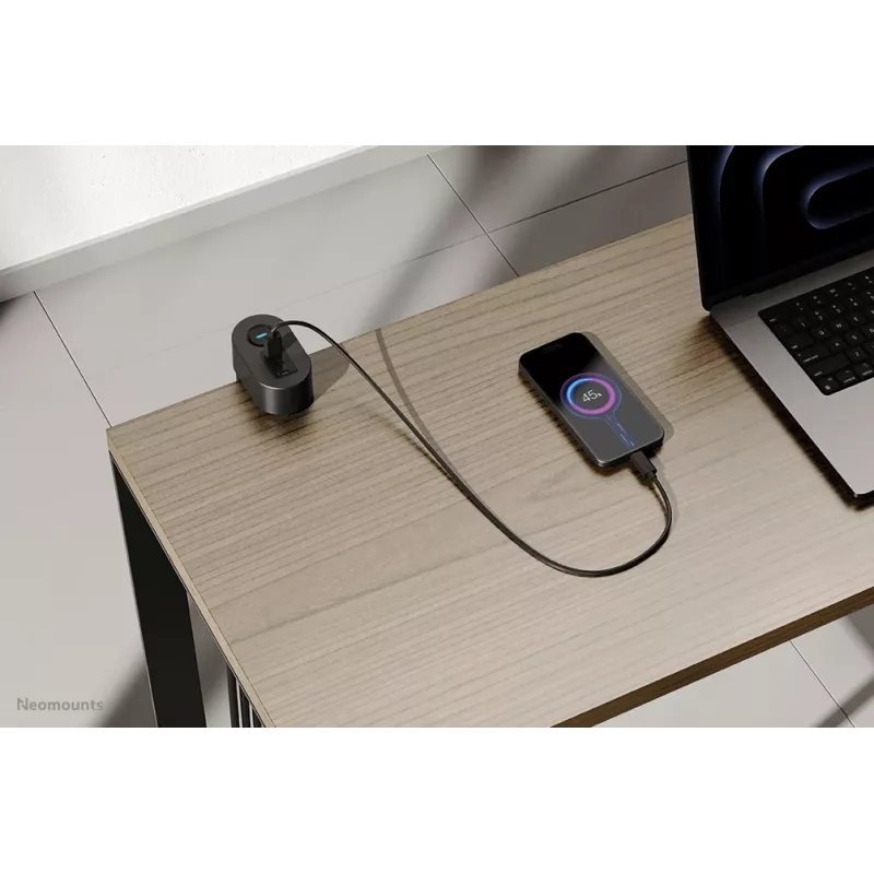 Neomounts DS22-840BL6 VOLT stalinis lizdas su spaustuku, USB-C ir USB-A prievadais - greitas įkrovimas