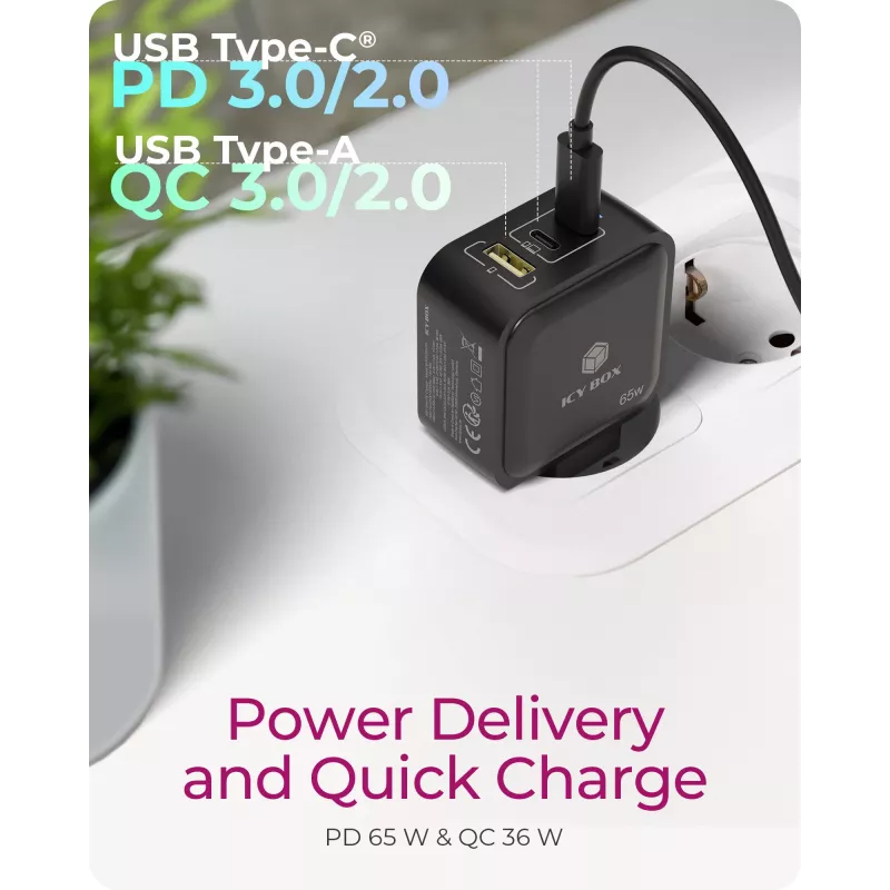 Įkroviklis patalpoms ICY BOX IB-PS1030-PD Universal Black Greitasis įkrovimas
