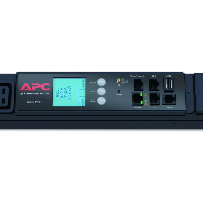 APC NetShelter Metered Rack PDU AP8886, 0U, 3 fazės, 22kW 230V 32A arba 17,3kW 230V 24A, 30x C13 ir 12x C19 lizdai, IEC 309 3P+N+PE laidas