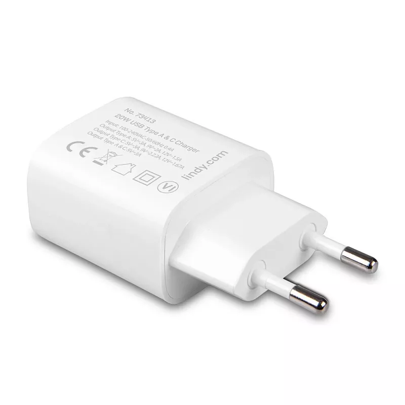 Vidinis įkroviklis Lindy 73413 universalus AC 100–240V, išėjimas 12V 3A, USB-A + USB-C, baltas