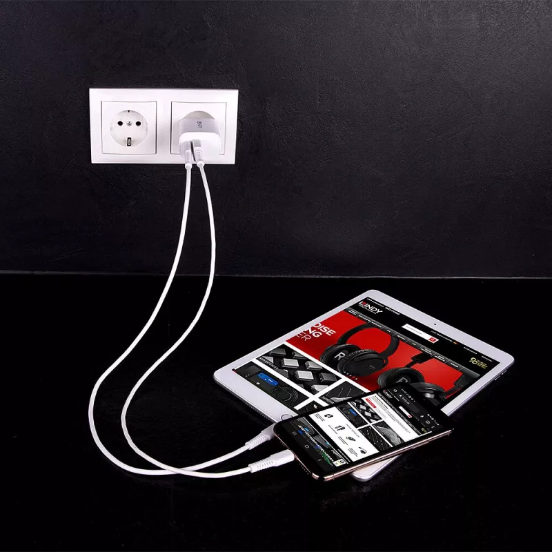 Vidinis įkroviklis Lindy 73413 universalus AC 100–240V, išėjimas 12V 3A, USB-A + USB-C, baltas