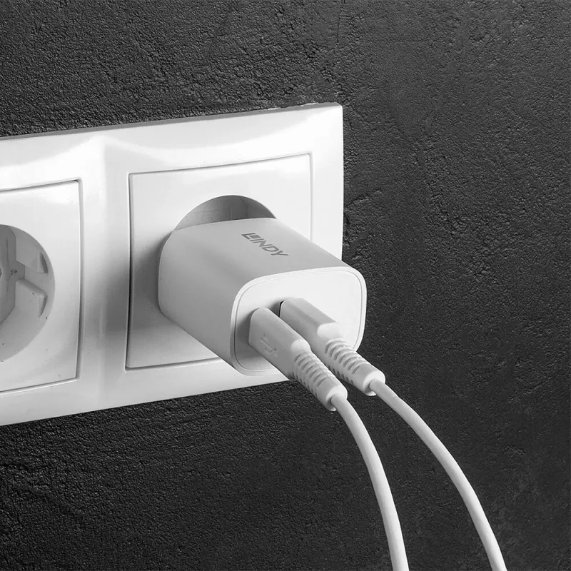 Vidinis įkroviklis Lindy 73413 universalus AC 100–240V, išėjimas 12V 3A, USB-A + USB-C, baltas