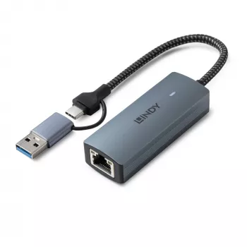 Lindy USB 3.2 Gen 1 į 5G Ethernet keitiklis, USB 3.2 Gen 2 (3.1 Gen 2) Type-C, 5000 Mbit/s, pilka, aliuminis, plastikas, apvalus kabelis, 0,15 m