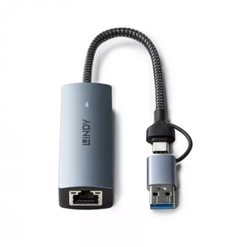 Lindy USB 3.2 Gen 1 į 5G Ethernet keitiklis, USB 3.2 Gen 2 (3.1 Gen 2) Type-C, 5000 Mbit/s, pilka, aliuminis, plastikas, apvalus kabelis, 0,15 m