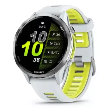 Išmanusis laikrodis Garmin Forerunner 970 – 1,4 colio (3,56 cm) AMOLED 454×454, GPS, Wi‑Fi, titano korpusas, silikoninis dirželis (balta/geltona), 56 g