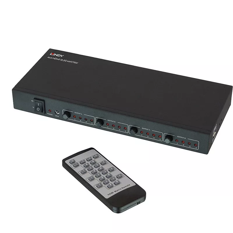 Lindy 4x4 HDMI 4K60 Matrica, HDMI, 4x HDMI, Metalas, 1080p, 2160p, DTS-HD, Dolby TrueHD, 12 V