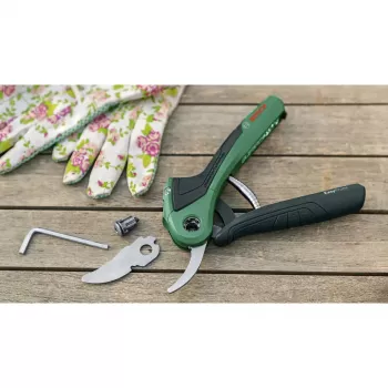 Genėjimo žirklės Bosch EasyPrune bypass, nerūdijančio plieno ašmenys, 2,5 cm pjovimo galia, įkraunama 5,4 Wh baterija, saugos fiksatorius