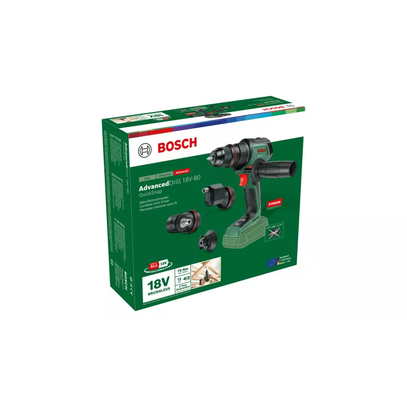 Gręžtuvas Bosch AdvancedDrill 18V-80 QuickSnap Solo – 18 V, kompaktiškas, žalia/juoda