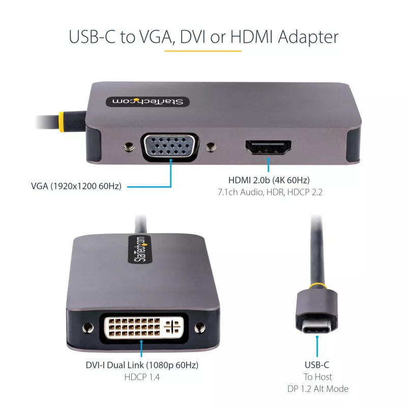 „StarTech.com“ USB-C vaizdo adapteris, USB-C į HDMI DVI VGA, iki 4K 60Hz, aliuminis, kelių prievadų vaizdo adapteris, suderinamas su „Thunderbolt 3 / 4“, USB Type-C kelioninis adapteris