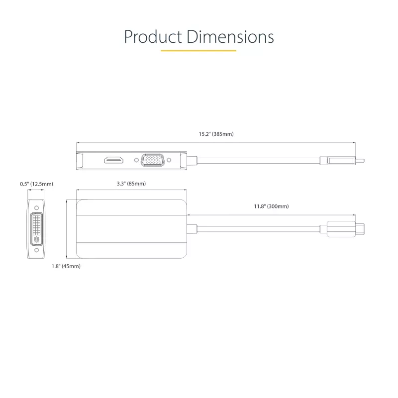 „StarTech.com“ USB-C vaizdo adapteris, USB-C į HDMI DVI VGA, iki 4K 60Hz, aliuminis, kelių prievadų vaizdo adapteris, suderinamas su „Thunderbolt 3 / 4“, USB Type-C kelioninis adapteris